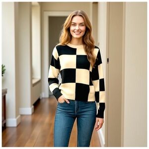 Lalavon Women’s Checkered Crewneck Sweater. Black, Off-White. Medium